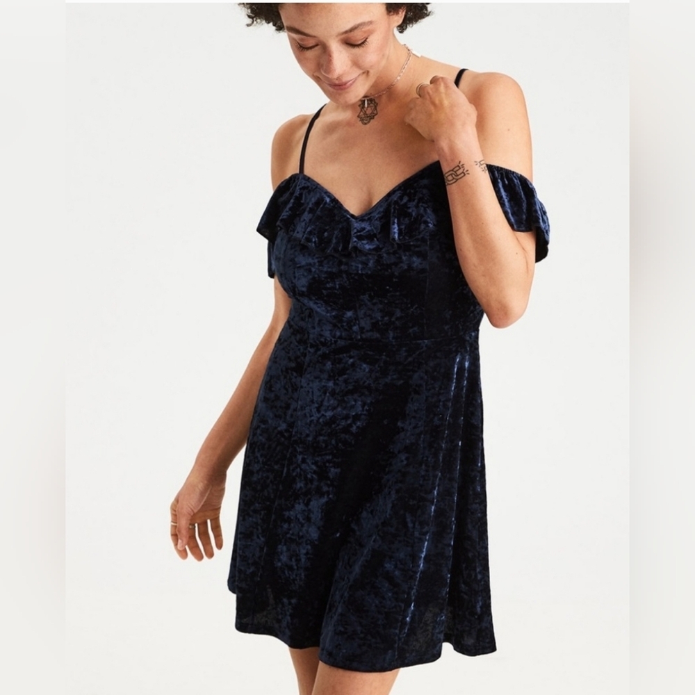 AMERICAN EAGLE Blue Crushed Velvet Babydoll Dress Size S NWOT